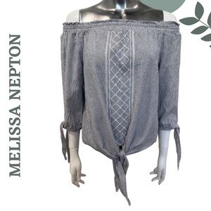 🛍️3/$40 Striped Bardot Blouse Tie Sleeves Off the Shoulder Melissa Nepton Medium